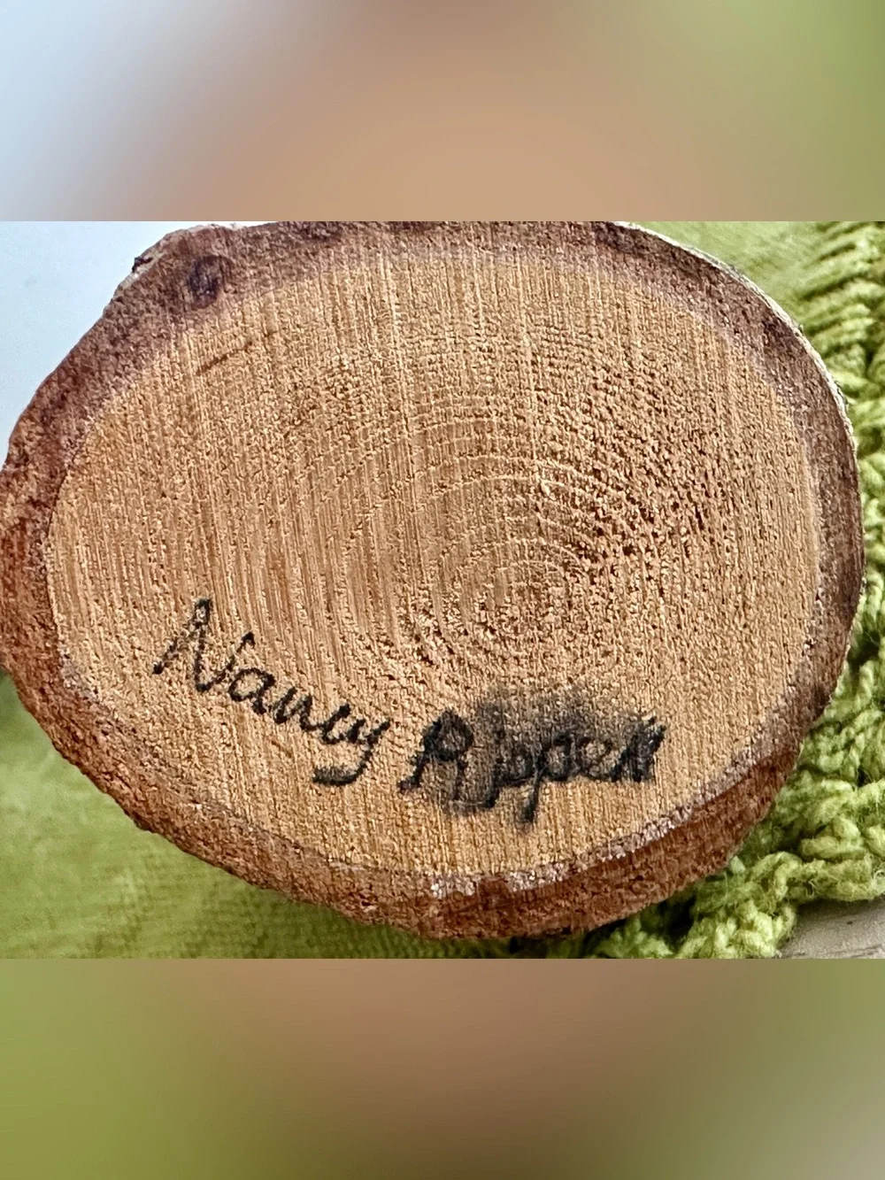 Nancy Pippen People Signed Handmade Clay Witch Figurine on Driftwood - 1.5”in